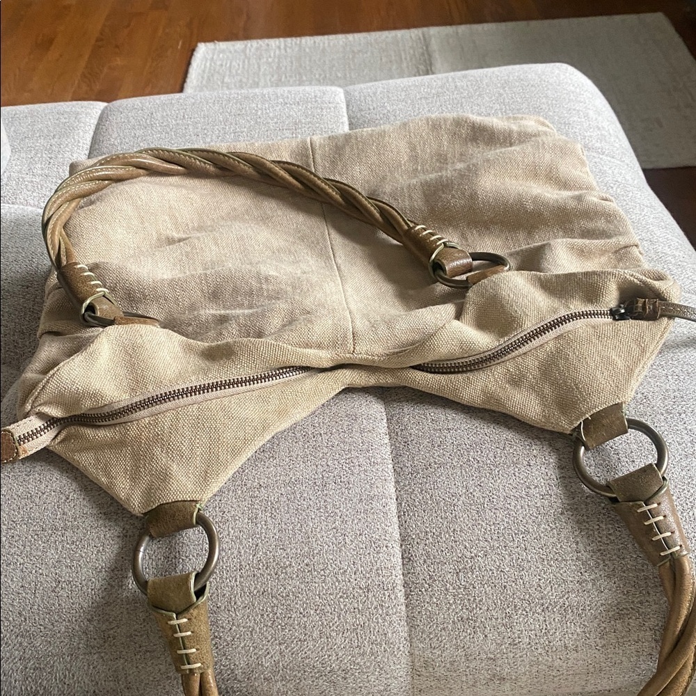 Via Spiga Beige Canvas & Brown Leather Braided-Handle Hobo Bag - Picture 8 of 14